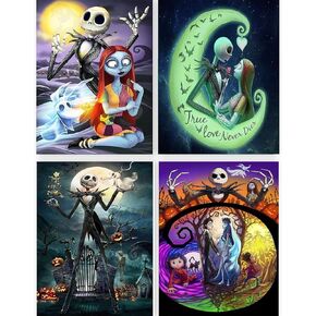 GemZono 4 مجموعات من مجموعات الطلاء الماسي للبالغين والأطفال DIY 5D Jack&Sally Halloween Diamond طلاء فني مع ألماس دائري كامل مثقاب كابوس جوهرة فنية مجموعة طلاء فني لهدايا ديكور الحائط المنزلي (12 × 16 بوصة)