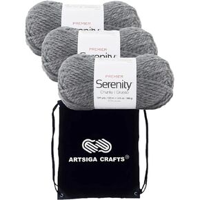 Premier Yarns Premier Serenity Chunky - دخان صلب 700-41 (3-Skein) نفس خيوط الحياكة الناعمة المكتنزة رقم 5 من Dyelot 100% من الأكريليك مع حقيبة واحدة من Artsiga