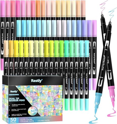 اقلام ماركر فرشاة من ريستلي مكونة من 50 لون باستيل لكتب التلوين للبالغين، قلم تحديد فني مزدوج الاطراف، قلم تلوين بطرف رفيع ومجموعة قلم فرشاة للملاحظات والحروف والرسم والرسم ودفتر اليوميات in Kuwait