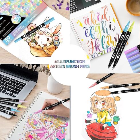 اقلام ماركر فرشاة من ريستلي مكونة من 50 لون باستيل لكتب التلوين للبالغين، قلم تحديد فني مزدوج الاطراف، قلم تلوين بطرف رفيع ومجموعة قلم فرشاة للملاحظات والحروف والرسم والرسم ودفتر اليوميات in Kuwait