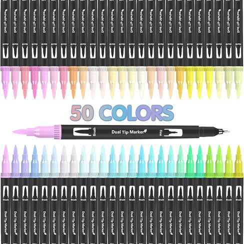 اقلام ماركر فرشاة من ريستلي مكونة من 50 لون باستيل لكتب التلوين للبالغين، قلم تحديد فني مزدوج الاطراف، قلم تلوين بطرف رفيع ومجموعة قلم فرشاة للملاحظات والحروف والرسم والرسم ودفتر اليوميات in Kuwait