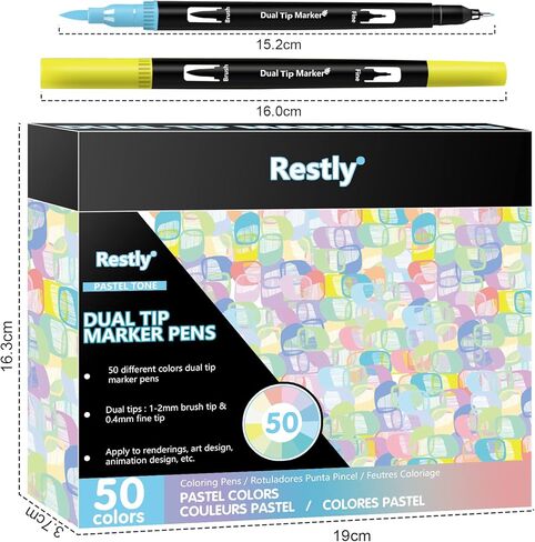 اقلام ماركر فرشاة من ريستلي مكونة من 50 لون باستيل لكتب التلوين للبالغين، قلم تحديد فني مزدوج الاطراف، قلم تلوين بطرف رفيع ومجموعة قلم فرشاة للملاحظات والحروف والرسم والرسم ودفتر اليوميات in Kuwait