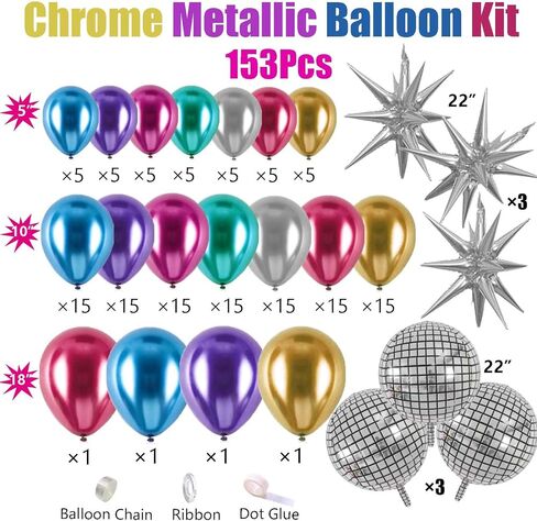مجموعة بالونات معدنية من Oynearo مكونة من 153 قطعة لتزيين حفلات الديسكو مع بالونات كروم وأزرق وأخضر وأحمر وأرجواني وأرجواني وذهبي وفضي لموضوع الثمانينات والتسعينات وحفلات الذكرى السنوية للتخرج in Kuwait