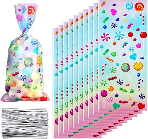 Outus 100 Pieces Cellophane Treat Bags Candy Bags Cand Lollipop Pattern Cello Bags with 150 Pieces Silvery Twist Ties for Chocolate Candy Snacks Cookies Birthday Party Favors, 11 x 5 Inches in Saudi Arabia
