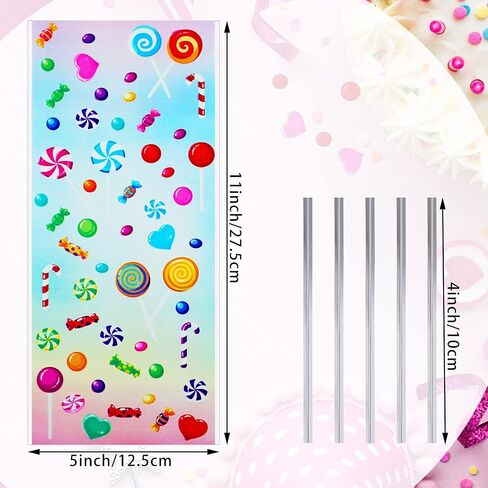 Outus 100 Pieces Cellophane Treat Bags Candy Bags Cand Lollipop Pattern Cello Bags with 150 Pieces Silvery Twist Ties for Chocolate Candy Snacks Cookies Birthday Party Favors, 11 x 5 Inches in Saudi Arabia
