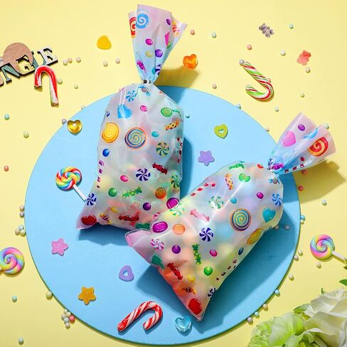 Outus 100 Pieces Cellophane Treat Bags Candy Bags Cand Lollipop Pattern Cello Bags with 150 Pieces Silvery Twist Ties for Chocolate Candy Snacks Cookies Birthday Party Favors, 11 x 5 Inches in Saudi Arabia