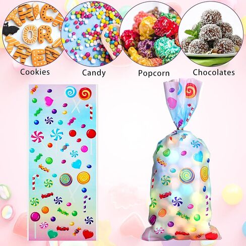 Outus 100 Pieces Cellophane Treat Bags Candy Bags Cand Lollipop Pattern Cello Bags with 150 Pieces Silvery Twist Ties for Chocolate Candy Snacks Cookies Birthday Party Favors, 11 x 5 Inches in Saudi Arabia