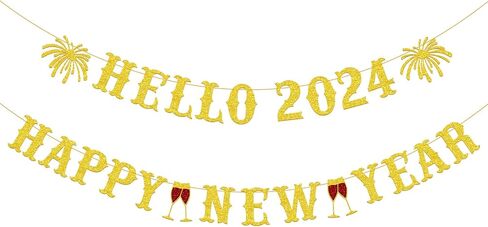 Gifloon Gold Glitter Hello 2024 Happy New Year Banner, Large New Year Banner for Happy New Year Decorations 2024, New Year Eve Banner Party Supplies 2024 in Kuwait