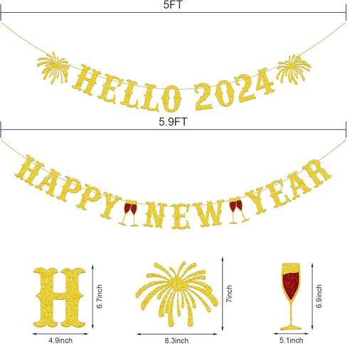 Gifloon Gold Glitter Hello 2024 Happy New Year Banner, Large New Year Banner for Happy New Year Decorations 2024, New Year Eve Banner Party Supplies 2024 in Kuwait