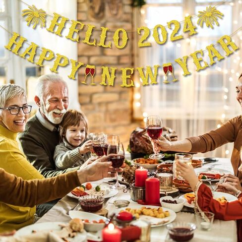 Gifloon Gold Glitter Hello 2024 Happy New Year Banner, Large New Year Banner for Happy New Year Decorations 2024, New Year Eve Banner Party Supplies 2024 in Kuwait