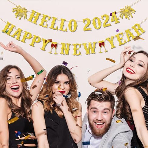 Gifloon Gold Glitter Hello 2024 Happy New Year Banner, Large New Year Banner for Happy New Year Decorations 2024, New Year Eve Banner Party Supplies 2024 in Kuwait