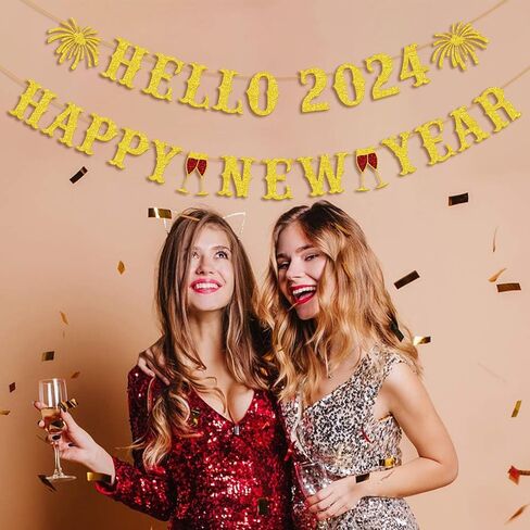 Gifloon Gold Glitter Hello 2024 Happy New Year Banner, Large New Year Banner for Happy New Year Decorations 2024, New Year Eve Banner Party Supplies 2024 in Kuwait