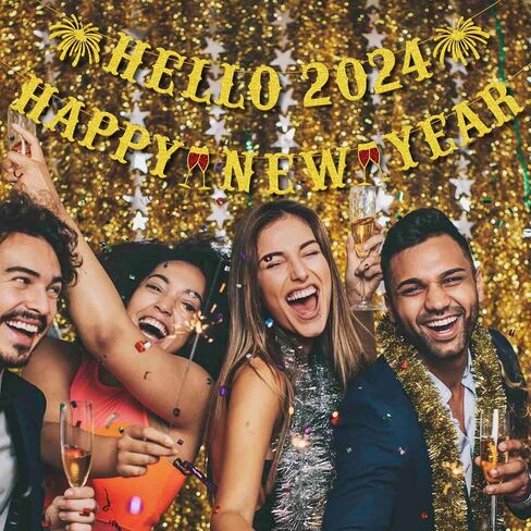 Gifloon Gold Glitter Hello 2024 Happy New Year Banner, Large New Year Banner for Happy New Year Decorations 2024, New Year Eve Banner Party Supplies 2024 in Kuwait