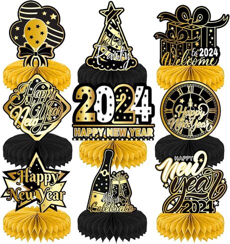 9 قطع 2024 ديكور طاولة حفلات رأس السنة الجديدة، قطع مركزية على شكل قرص العسل لرأس السنة الجديدة، قطع مركزية ثلاثية الأبعاد لطاولات رأس السنة الجديدة، قطع مركزية على شكل قرص العسل لمستلزمات حفلات رأس السنة الجديدة in Kuwait