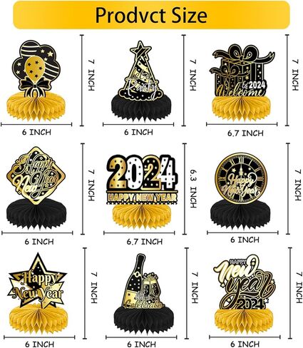 9 قطع 2024 ديكور طاولة حفلات رأس السنة الجديدة، قطع مركزية على شكل قرص العسل لرأس السنة الجديدة، قطع مركزية ثلاثية الأبعاد لطاولات رأس السنة الجديدة، قطع مركزية على شكل قرص العسل لمستلزمات حفلات رأس السنة الجديدة in Kuwait