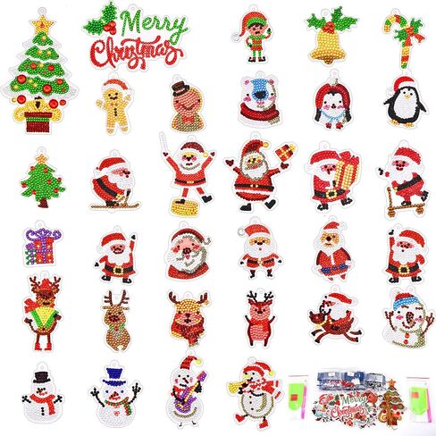 32 Pieces Christmas Diamond Painting Keychain Kits DIY Diamond Painting Christmas Art Ornament for Kids, 5D DIY Santa Reindeer Snowman Diamond Painting Pendant for Christmas Tree Crafts in Saudi Arabia