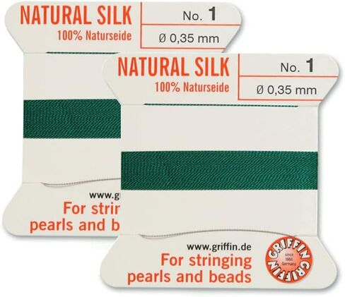 2 Pcs Griffin Natural Silk Beading Cord Thread and Needle Size 1 Green Color in Saudi Arabia