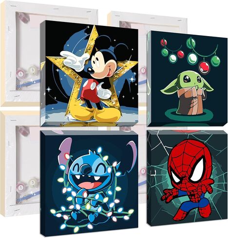 UMOART Framed Paint by Numbers for Kids - 4Pack Cartoon Paint by Numbers for Kids Ages 4-8-12, Yoda Paint by Number Kits on Canvas, DIY Stitch Oil Painting Acrylic Kits for Home Decor 8x8in in Kuwait