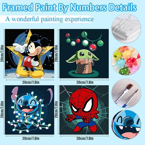 UMOART Framed Paint by Numbers for Kids - 4Pack Cartoon Paint by Numbers for Kids Ages 4-8-12, Yoda Paint by Number Kits on Canvas, DIY Stitch Oil Painting Acrylic Kits for Home Decor 8x8in in Kuwait