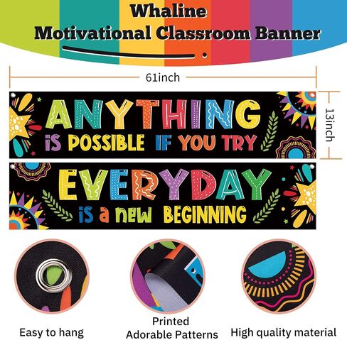 Whaline 2 Pack Motivational Classroom Banner Inspirational Positive Banner Growth Mindset Banner Poster Back to School Photo Booth Backdrop for Preschool Elementary Classroom Wall Decoration 61" x 13" in Saudi Arabia