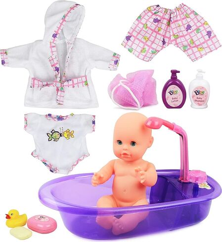 Liberty Imports Baby Bath Toys 13-Inch Little Newborn Doll Bath Set - Real Working Bathtub with Detachable Shower Spray and Accessories for Kids Pretend Play in Saudi Arabia