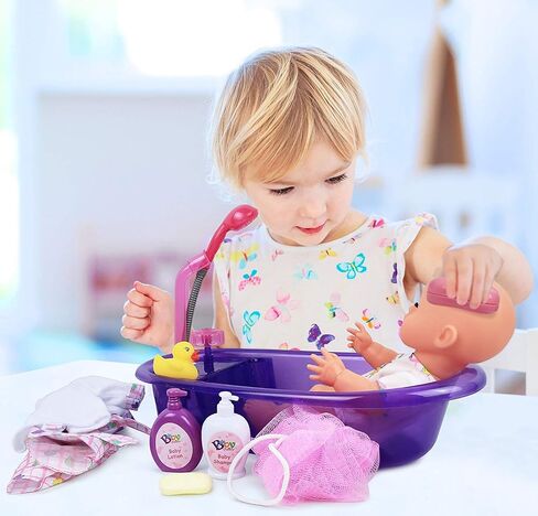 Liberty Imports Baby Bath Toys 13-Inch Little Newborn Doll Bath Set - Real Working Bathtub with Detachable Shower Spray and Accessories for Kids Pretend Play in Saudi Arabia