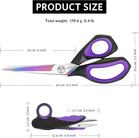 مجموعة مقصات قماشية احترافية من أسديرن، مقص خياطة مطلي بالتيتانيوم، مقص خياطة بشفرة حادة للغاية، مقبض مطاطي مريح، رائع للحرف اليدوية، الخياطة والاستخدام اليومي، 23.8 سم/ 12.7 سم، مجموعة من قطعتين in Kuwait