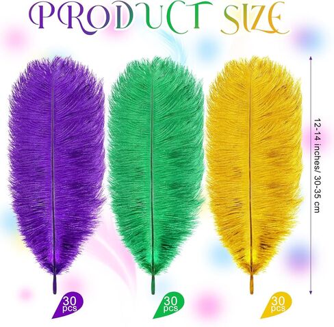 Hotop 90 Pcs Mardi Gras Feathers 12-14 Inch Colored Feathers Colorful Feathers for DIY Crafts Yellow Green Purple Ostrich Feathers Ostrich Plumes Bulk for Carnival Costume Party Decoration Accessories in Saudi Arabia