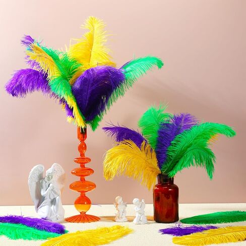 Hotop 90 Pcs Mardi Gras Feathers 12-14 Inch Colored Feathers Colorful Feathers for DIY Crafts Yellow Green Purple Ostrich Feathers Ostrich Plumes Bulk for Carnival Costume Party Decoration Accessories in Saudi Arabia