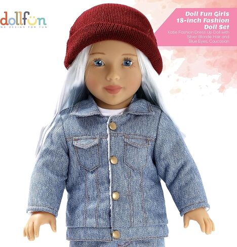 مجموعة دمى عصرية للفتيات من DOLLFUN World مقاس 45.72 سم كاتي (أستراليا) دمية أنيقة مع شعر للتصفيف والملابس والأحذية والإكسسوارات. شعر أشقر فضي وعيون زرقاء، قوقازي in Kuwait