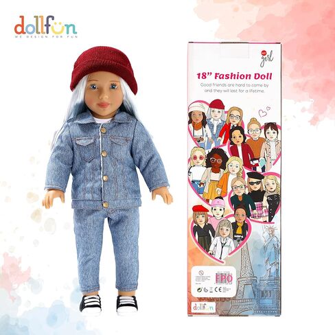 مجموعة دمى عصرية للفتيات من DOLLFUN World مقاس 45.72 سم كاتي (أستراليا) دمية أنيقة مع شعر للتصفيف والملابس والأحذية والإكسسوارات. شعر أشقر فضي وعيون زرقاء، قوقازي in Kuwait