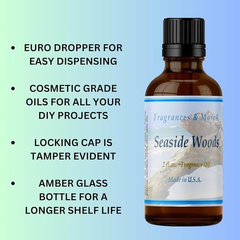 زيت عطري من سيسايد وودز، رائحة لصنع الصابون والشموع، يستخدم مع موزعات الهواء، زجاجة كهرمانية بسعة 2 اونصة مع قطارة اورو لسهولة التوزيع، وليس زيتًا عطريًا. in Kuwait