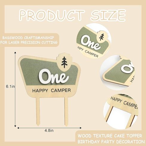 HGFC Wooden Cake Topper For One Happy Camper - One Happy Camper Birthday Decorations,Camping Party Decorations - Woodland Cake Toppers For Boys - Wooden Cake Topper, Wedding Anniversary Rravel in Saudi Arabia