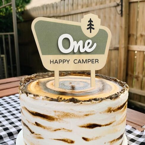 HGFC Wooden Cake Topper For One Happy Camper - One Happy Camper Birthday Decorations,Camping Party Decorations - Woodland Cake Toppers For Boys - Wooden Cake Topper, Wedding Anniversary Rravel in Saudi Arabia