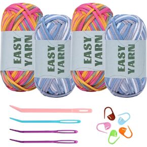 4x50g Crochet Yarn, Easy Yarn, Beginners Yarn for Crocheting, Cotton Blend Yarn for Crocheting with Easy-to-See Stitches, Stitch Marker, Elbow Needle Cotton Yarn for Crochet - Cloudy Blue in Kuwait