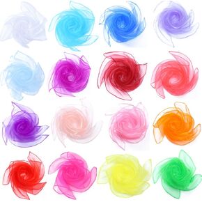 JPORSHU 16 قطعة من أوشحة الرقص الحريرية للأطفال، 16 لونًا من أوشحة الرقص المربعة، خدع سحرية، إكسسوارات دعائم الأداء، أوشحة الحركة، وشاح شريط إيقاعي، 24 بوصة in Kuwait