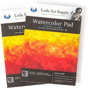 Leda Art Supply Hot Pressed Watercolor Paper Jumbo 2 Pack (24 Sheets) 300gm - 140 lb 25% Cotton fine Italian Art water color paper | Smooth Surface for Professional renderings A4 Size 8.25 x 11.5 inch