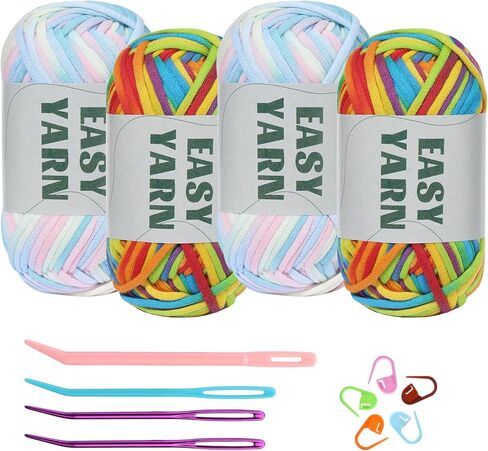 4x50g Crochet Yarn, Easy Yarn, Beginners Yarn for Crocheting, Cotton Blend Yarn for Crocheting with Easy-to-See Stitches, Stitch Marker, Elbow Needle Cotton Yarn for Crochet - Cloudy Blue in Kuwait