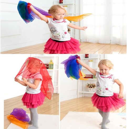 JPORSHU 16 قطعة من أوشحة الرقص الحريرية للأطفال، 16 لونًا من أوشحة الرقص المربعة، خدع سحرية، إكسسوارات دعائم الأداء، أوشحة الحركة، وشاح شريط إيقاعي، 24 بوصة in Kuwait