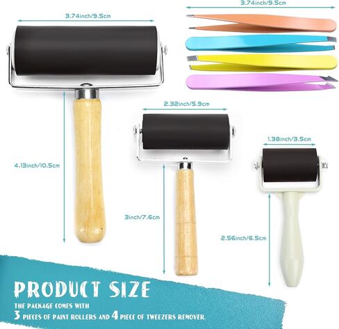 Wpxmer Paint Roller Set, 3 Pieces 1.4/2.4/4 Inch Rubber Roller and Tweezers Remover Set, Paint Rollers for Art Craft Stamping and Printmaking in Kuwait