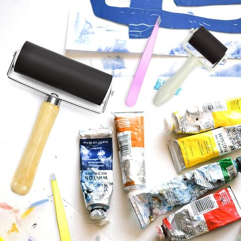 Wpxmer Paint Roller Set, 3 Pieces 1.4/2.4/4 Inch Rubber Roller and Tweezers Remover Set, Paint Rollers for Art Craft Stamping and Printmaking in Kuwait