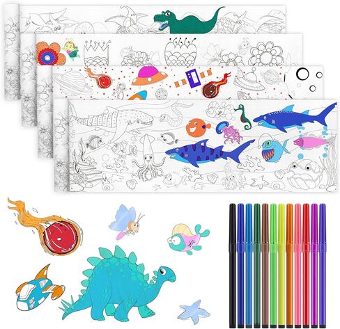 بكرة رسم للأطفال، بكرة ورق تلوين للأطفال، ورق تعبئة ملون للرسم بنفسك، مجموعة لوازم فنية تعليمية مبتكرة للأطفال قابلة لإعادة الاستخدام وقابلة للغسل، 39.4 * 7.9 بوصة، 4 أوراق in Kuwait