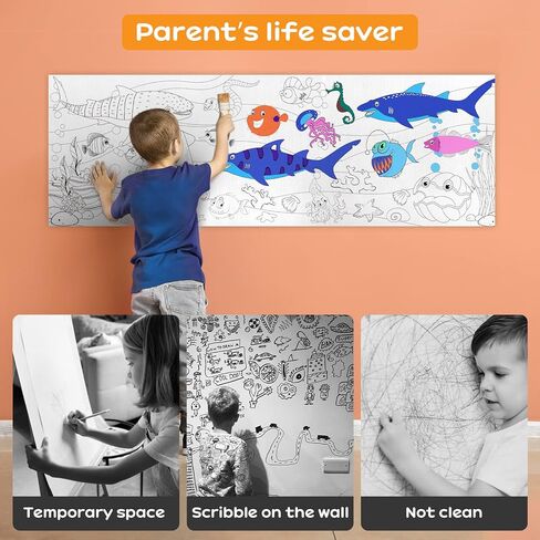 بكرة رسم للأطفال، بكرة ورق تلوين للأطفال، ورق تعبئة ملون للرسم بنفسك، مجموعة لوازم فنية تعليمية مبتكرة للأطفال قابلة لإعادة الاستخدام وقابلة للغسل، 39.4 * 7.9 بوصة، 4 أوراق in Kuwait