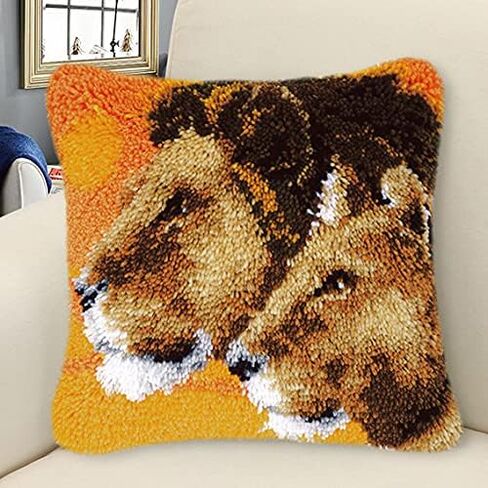 Animal Lions Latch Hook Kits Pillow DIY Handmade Cushion Crochet Yarn Embroidery Needlework Hook and Latch Kit Pillowcase Rug Cover Home Sofa Christmas Decoration 43x43cm in Saudi Arabia