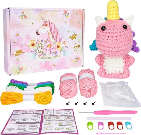 Crochet Kit for Beginners, Crochet Kit with Step-by-Step Video Tutorials - Unicorn, Crochet Animal Kits for Adults Kids, DIY Craft Supplies, (30%+ Yarn) in Kuwait