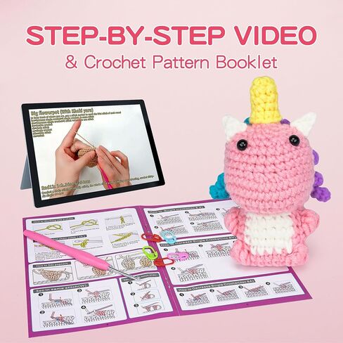 Crochet Kit for Beginners, Crochet Kit with Step-by-Step Video Tutorials - Unicorn, Crochet Animal Kits for Adults Kids, DIY Craft Supplies, (30%+ Yarn) in Kuwait