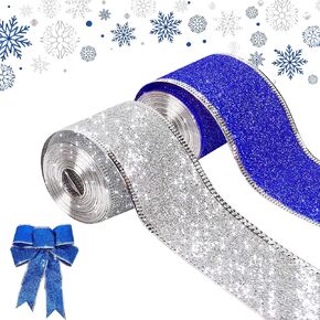 Wired Ribbon Christmas Ribbon Wired Edge 2"x 60 ft(2 Rolls x 30ft) Glitter Ribbon for Gift Wrapping Christmas Tree Ribbon Party Decor Wreath Bows Crafting Supplies(Sliver, Blue) in Kuwait