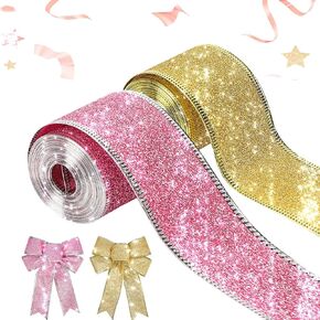 Wired Ribbon Christmas Ribbon Wired Edge 2"x 60 ft(2 Rolls x 30ft) Glitter Ribbon for Gift Wrapping Christmas Tree Ribbon Party Decor Wreath Bows Crafting Supplies(Sliver, Blue) in Saudi Arabia
