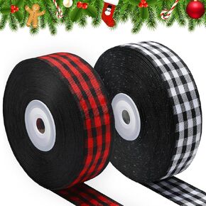 Boao 2 Rolls Christmas Buffalo Plaid Ribbon Christmas Wrapping Ribbon Wired Edge Burlap Check Ribbon Gingham Christmas Wreath Tree Decor(Mini Red Black and White Black Plaid, 2.5 Inch Wide, 944 Inch) in Kuwait