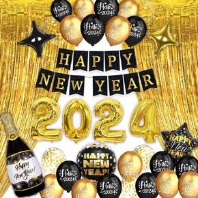 ديكورات سنة جديدة سعيدة 2024 من GERMISHUYS، تتضمن لوازم حفلات ليلة رأس السنة الجديدة 2024 بالونات، ولافتة، وبالونات ذهبية سوداء، ودوامات معلقة وستائر مهدبة، وديكورات حفلات ليلة رأس السنة الجديدة in Kuwait